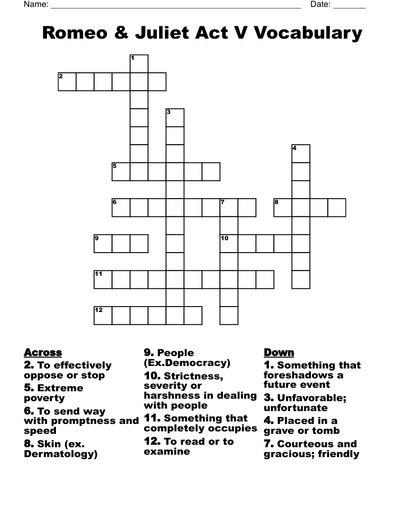 Romeo & Juliet Act V Vocabulary Crossword