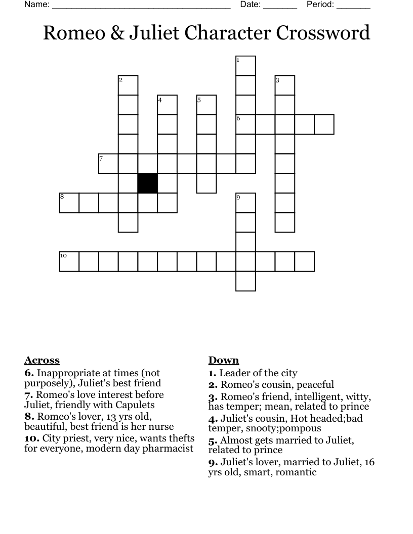 Romeo & Juliet Character Crossword