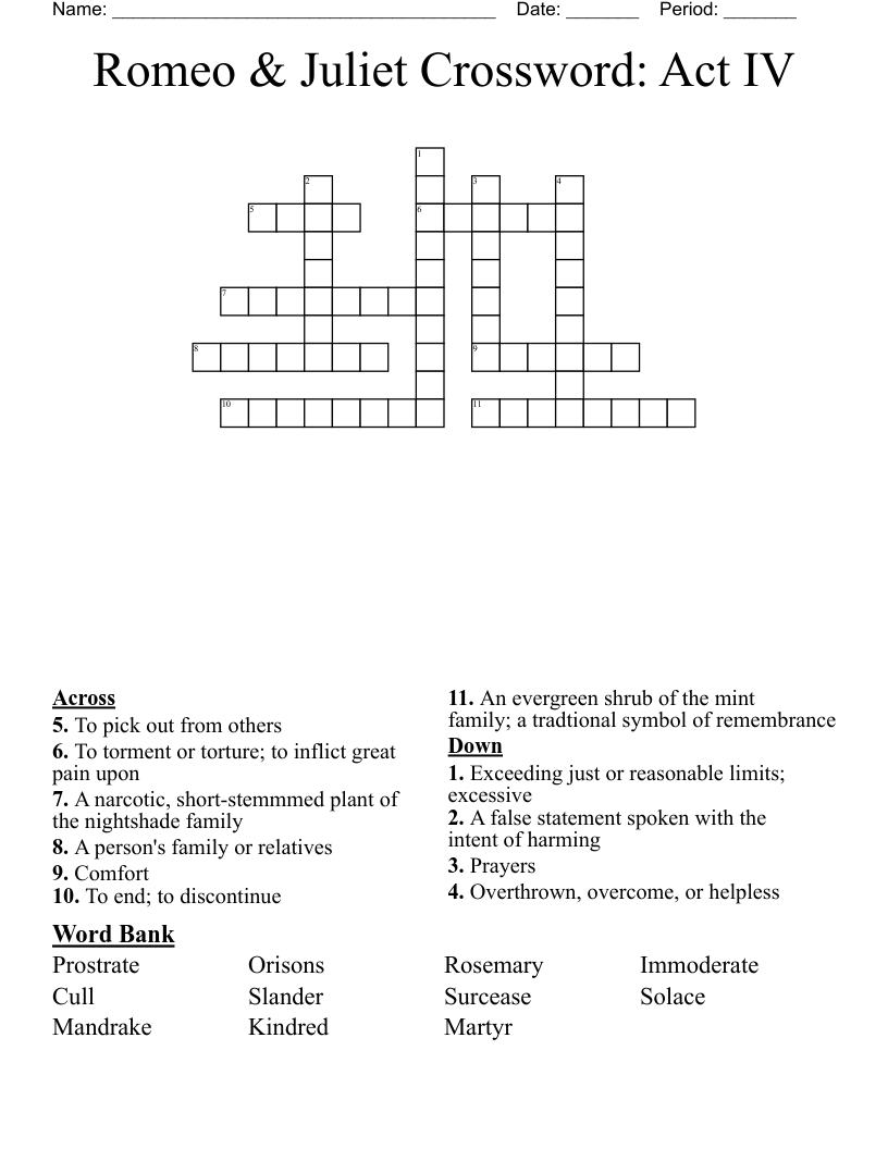 Romeo & Juliet Crossword: Act IV