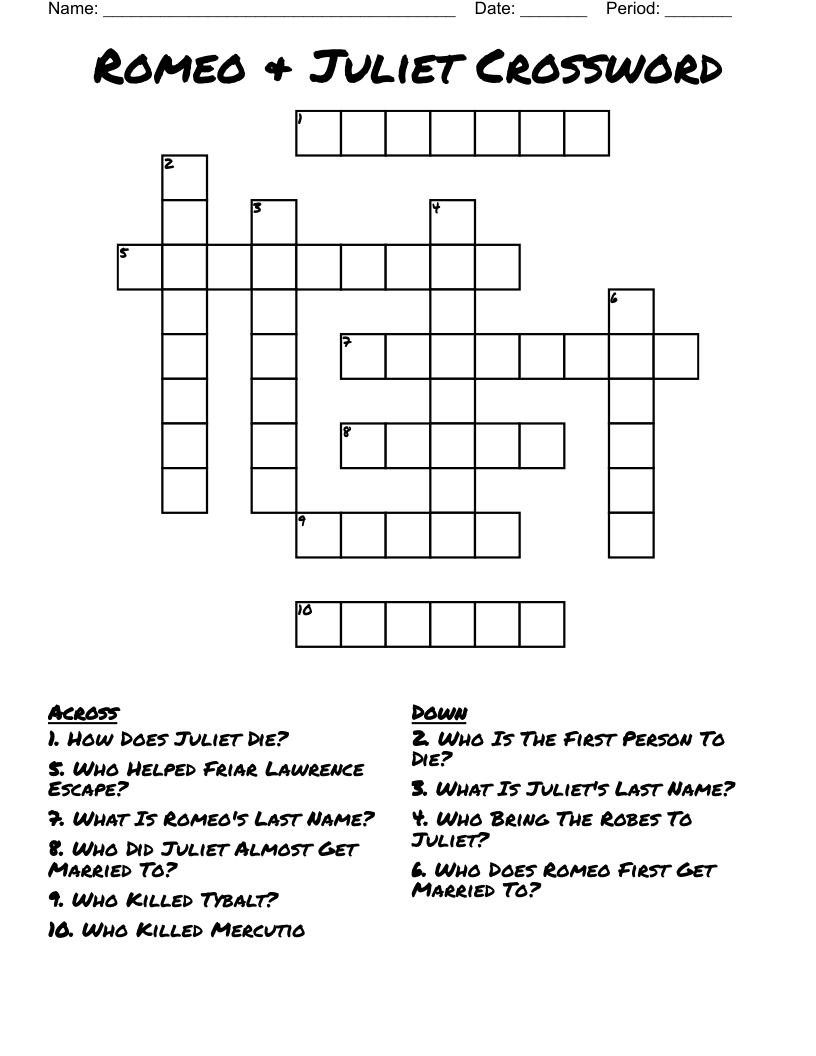 Romeo & Juliet Crossword 