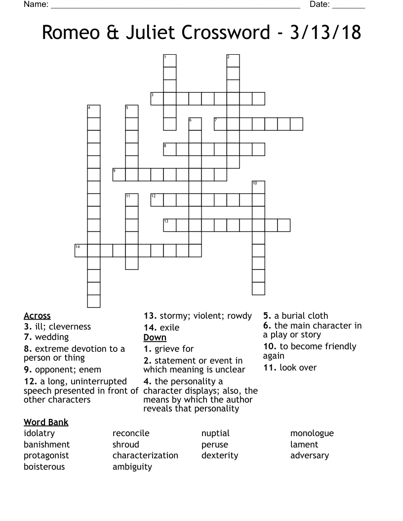 Romeo & Juliet Crossword - 3/13/18
