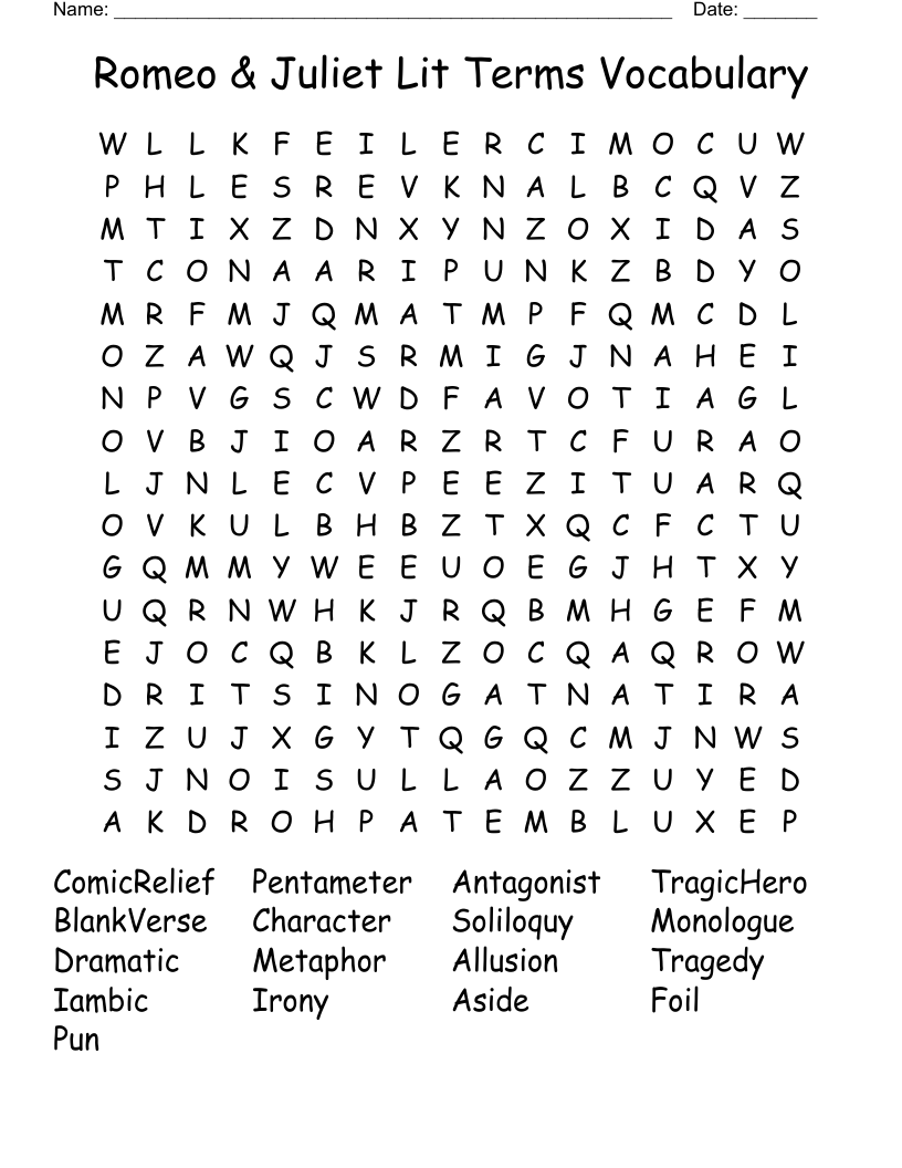Romeo & Juliet Lit Terms Vocabulary Word Search