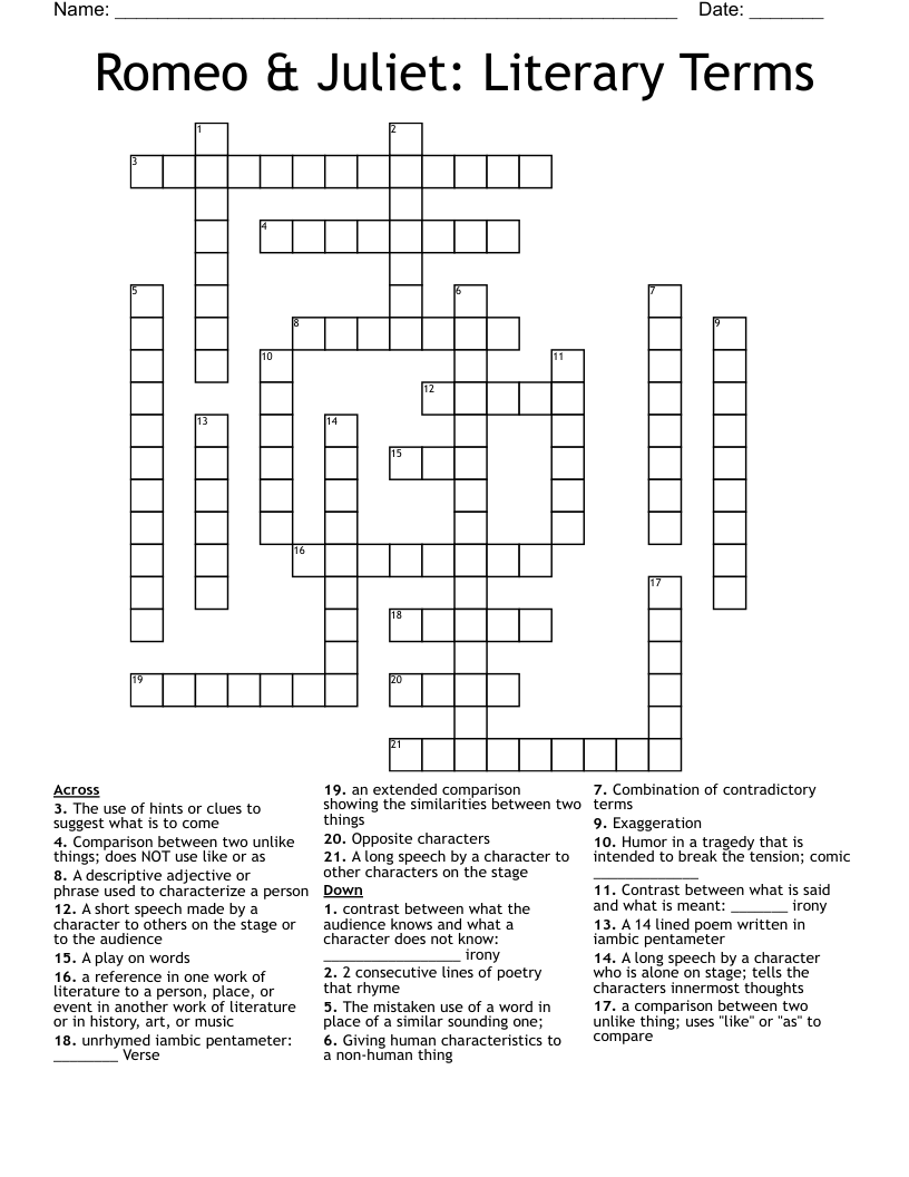Romeo & Juliet: Literary Terms Crossword