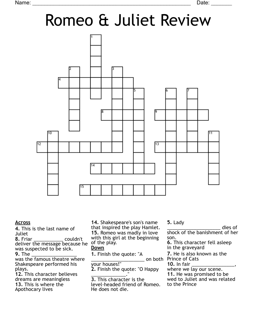 Romeo & Juliet Review Crossword