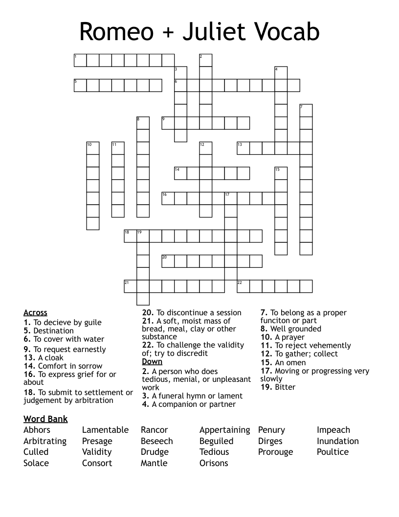 Romeo + Juliet Vocab Crossword