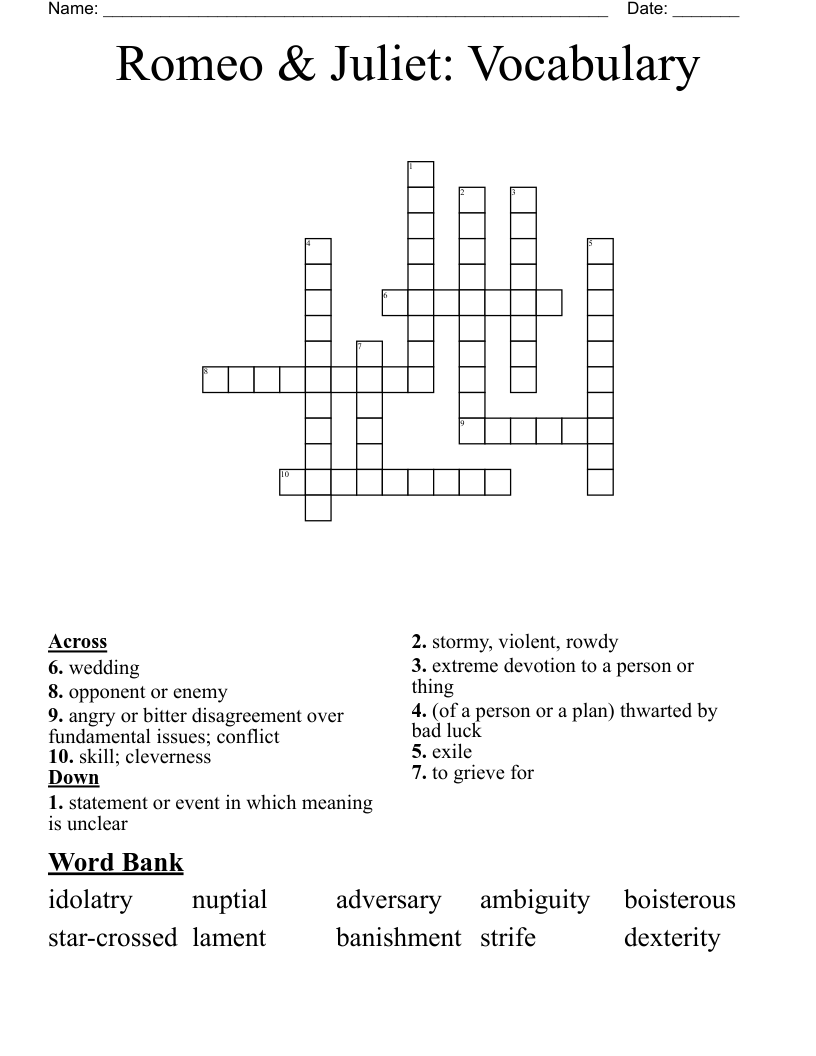 Romeo & Juliet: Vocabulary Crossword