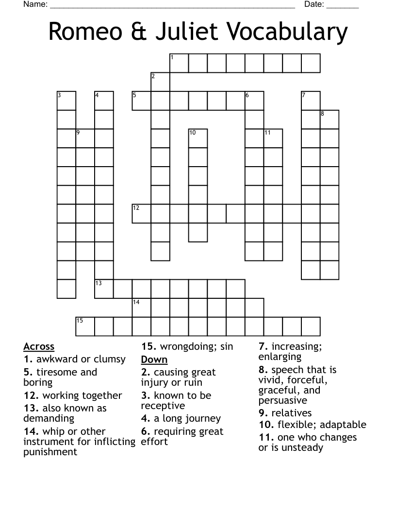 Romeo & Juliet Vocabulary Crossword