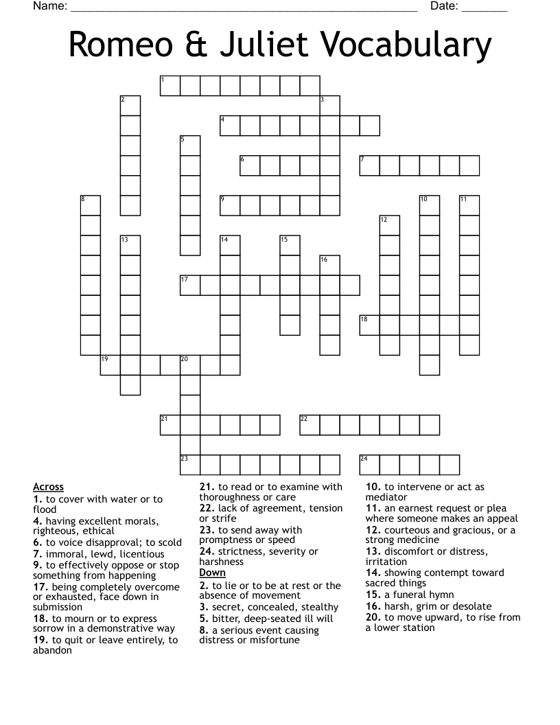 Romeo & Juliet Vocabulary Crossword