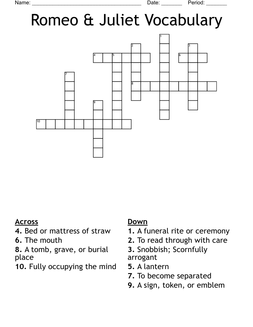 Romeo & Juliet Vocabulary Crossword