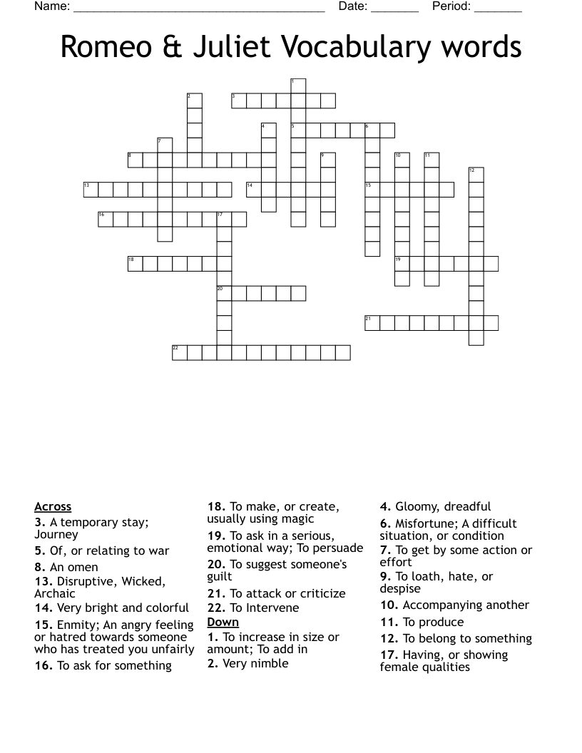 Romeo & Juliet Vocabulary words Crossword