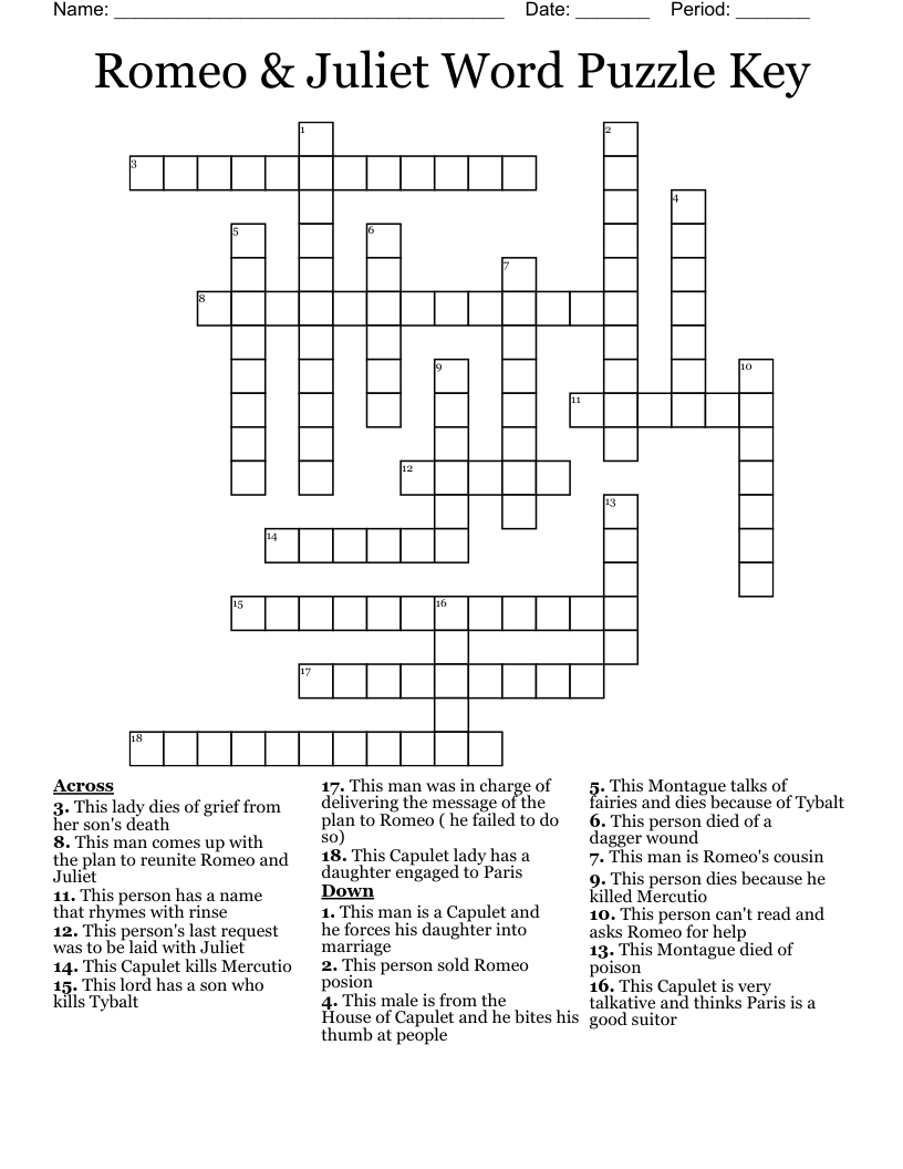 Romeo & Juliet Word Puzzle Key Crossword