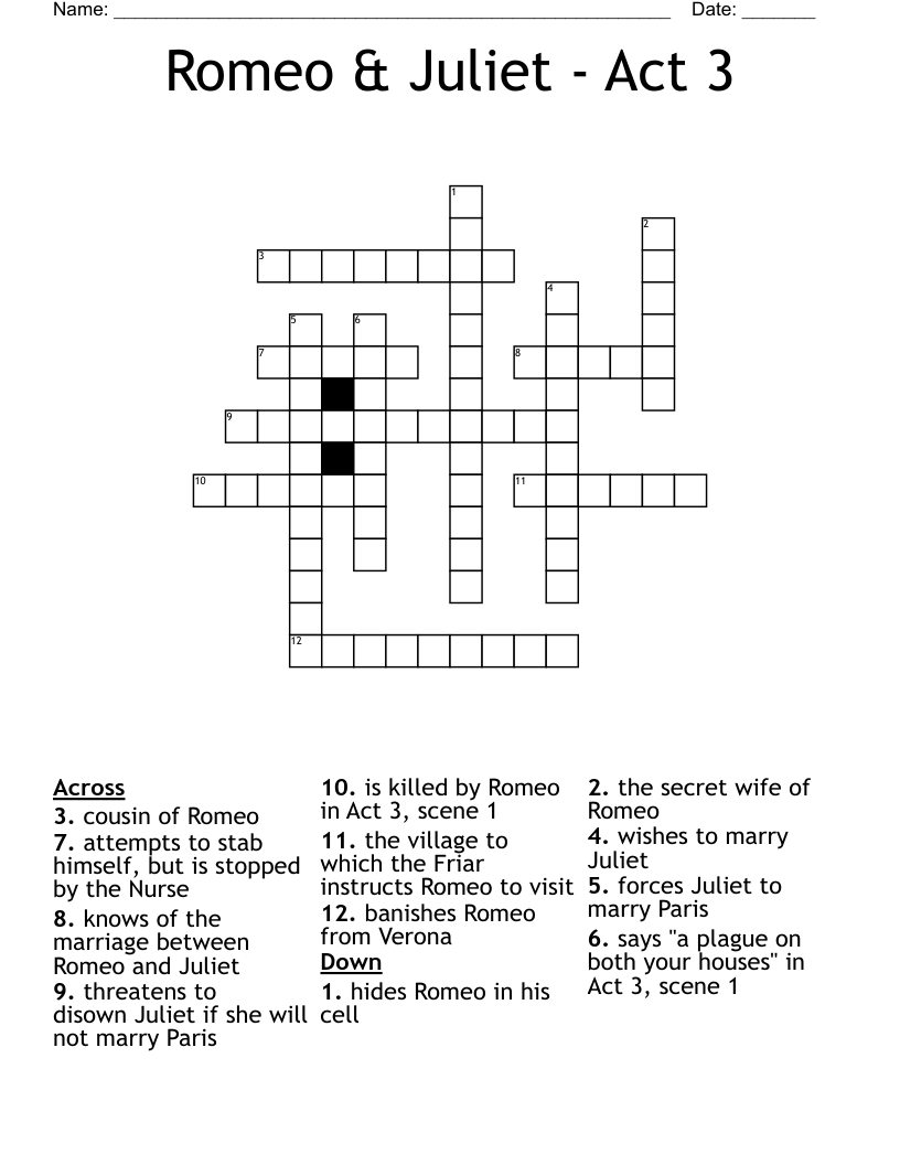 Romeo & Juliet - Act 3 Crossword