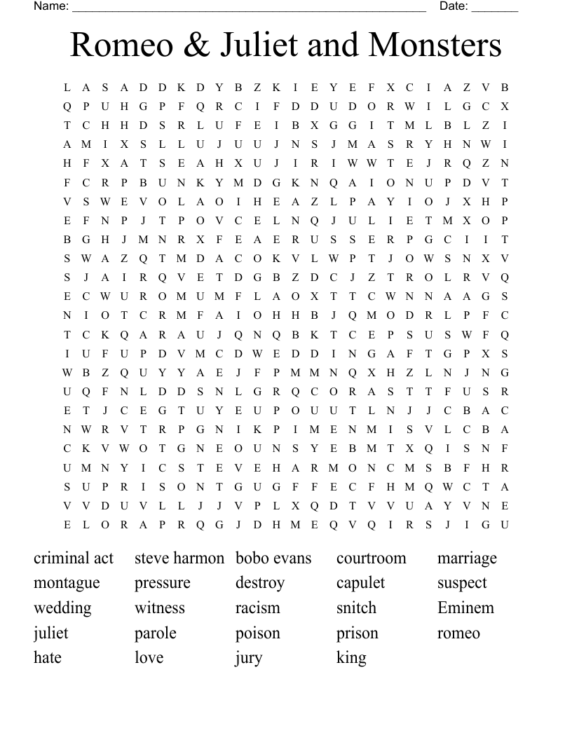 Romeo & Juliet and Monsters  Word Search