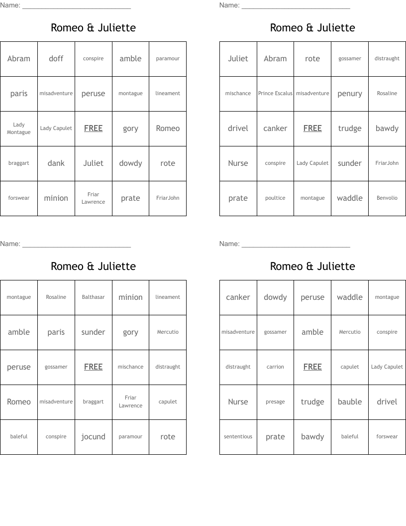 Romeo & Juliette Bingo Cards