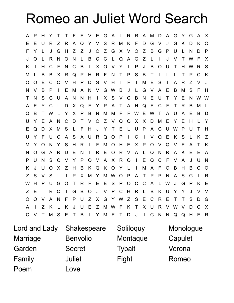 Romeo an Juliet Word Search 