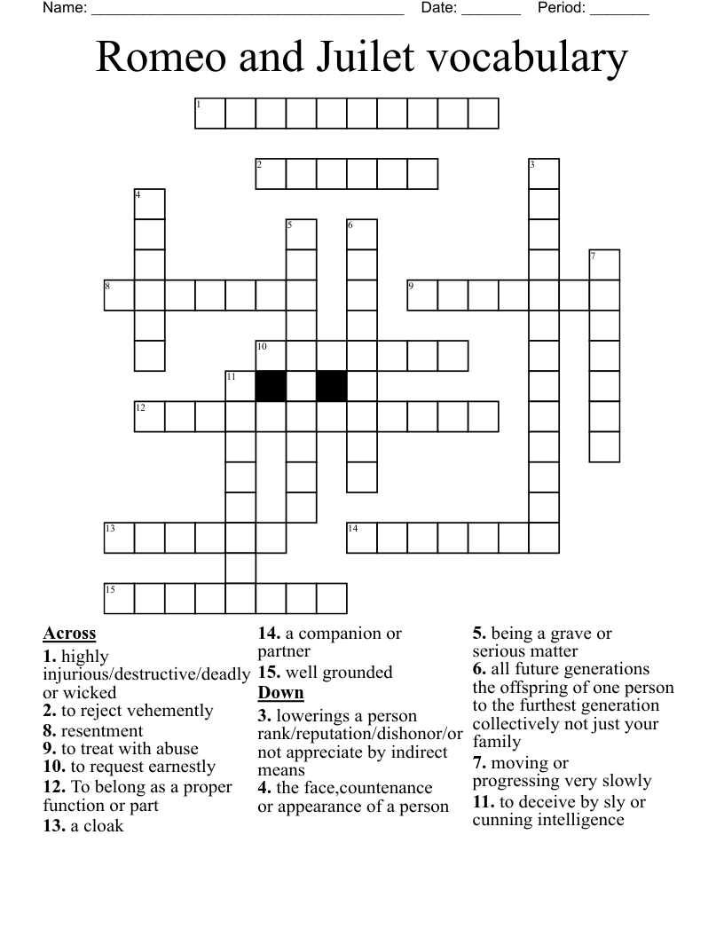 Romeo and Juilet vocabulary Crossword