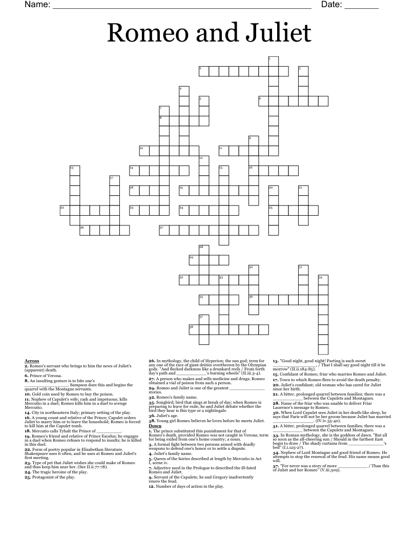 Romeo and Juliet Crossword