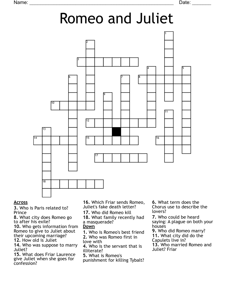 Romeo and Juliet Crossword
