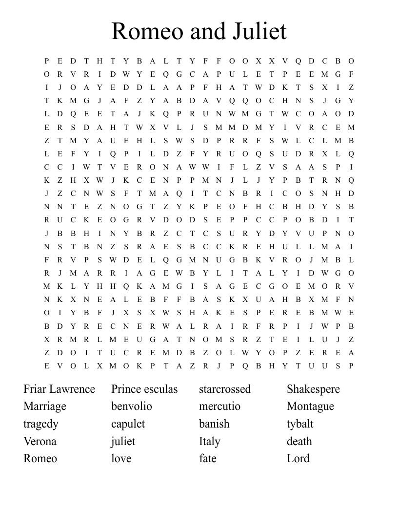 Romeo and Juliet Word Search