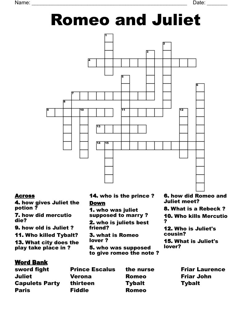Romeo and Juliet Crossword