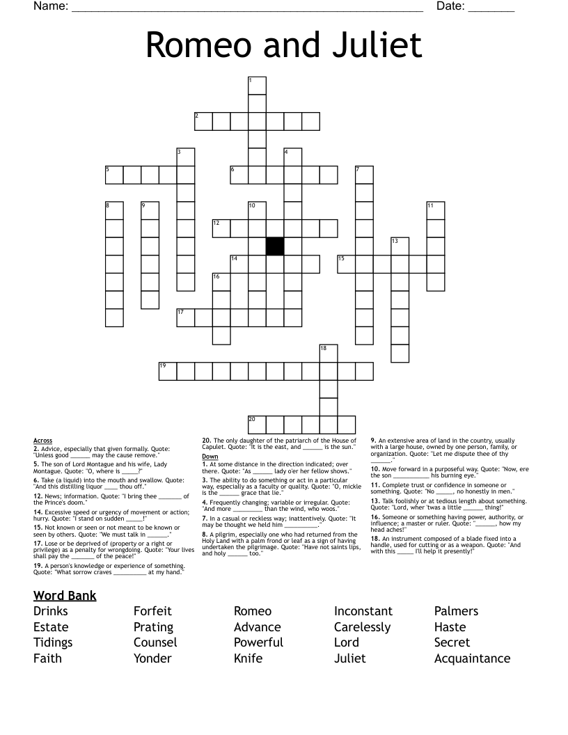 Romeo and Juliet Crossword
