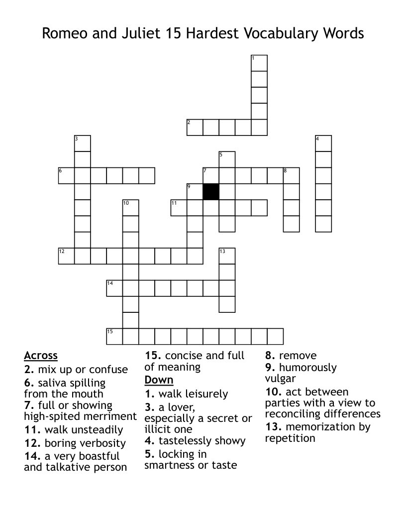 Romeo and Juliet 15 Hardest Vocabulary Words Crossword