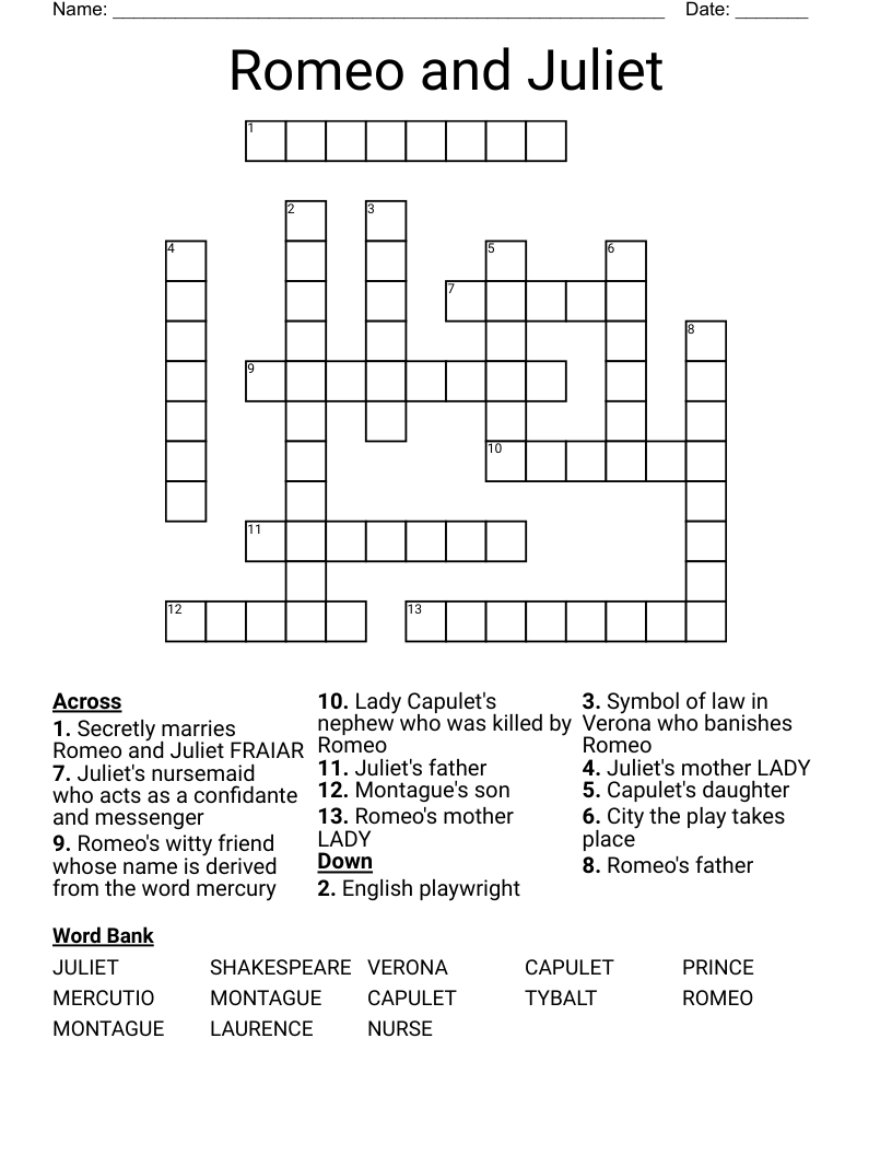 Romeo and Juliet Crossword
