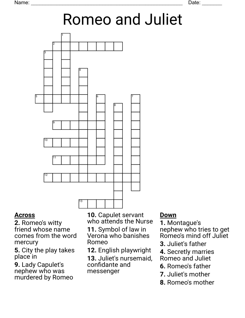 Romeo and Juliet Crossword