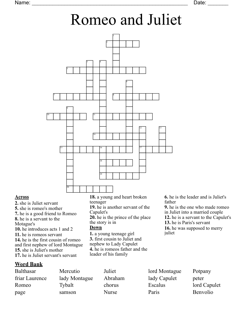 Romeo and Juliet Crossword