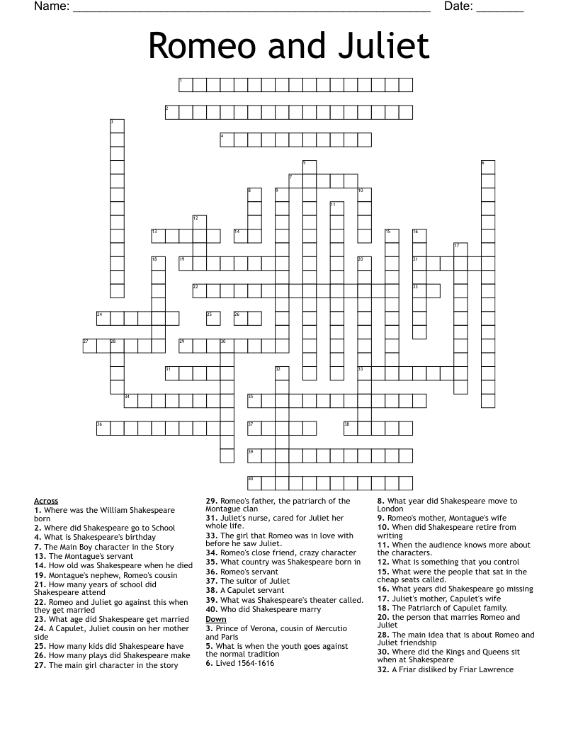 Romeo and Juliet Crossword