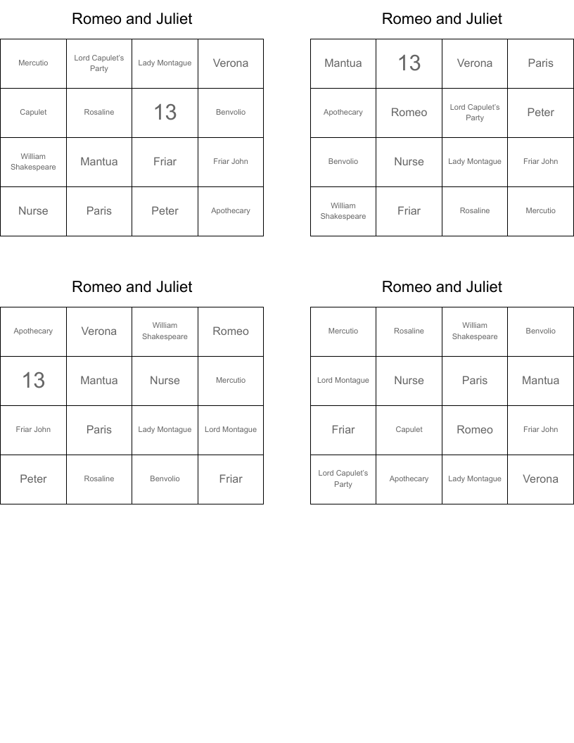 Romeo and Juliet Bingo Cards
