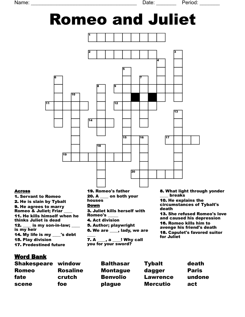Romeo and Juliet Crossword