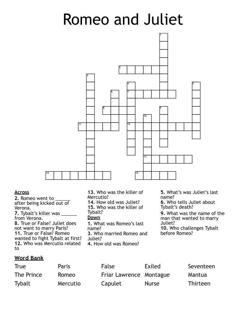Romeo and Juliet Crossword