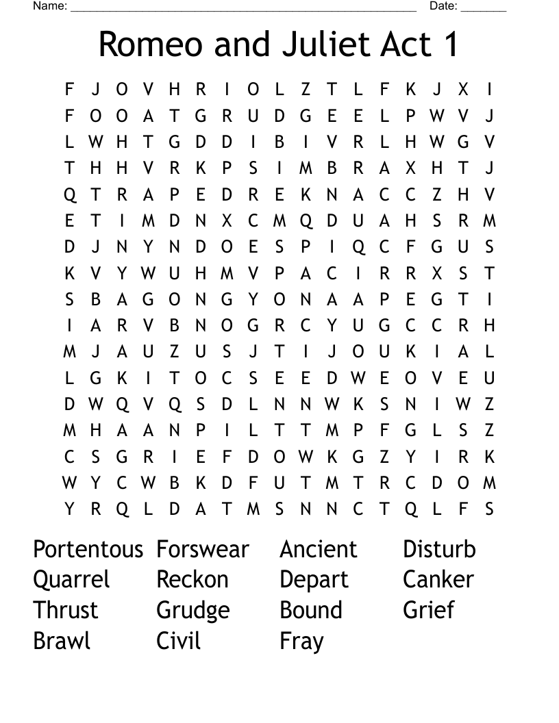 Romeo and Juliet Act 1 Word Search