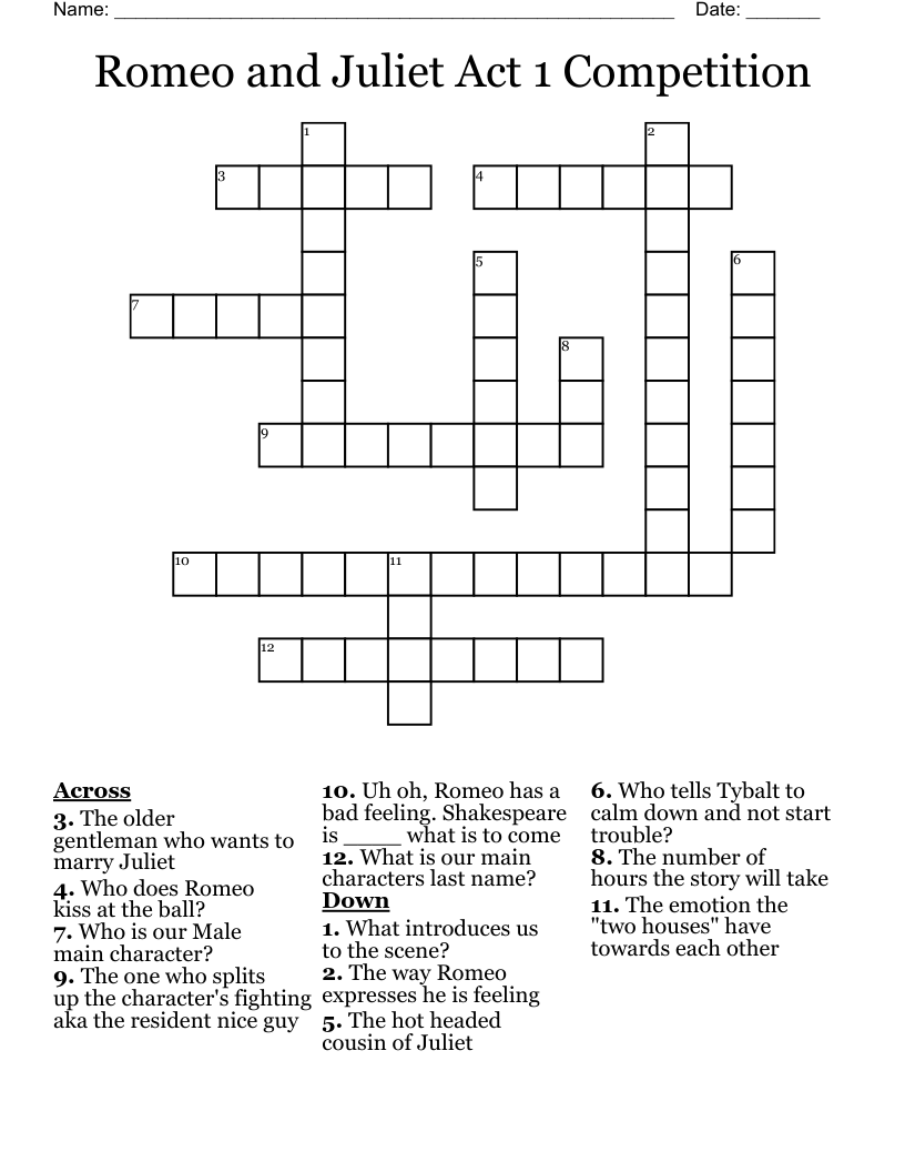Romeo and Juliet Act 1 Competition Crossword