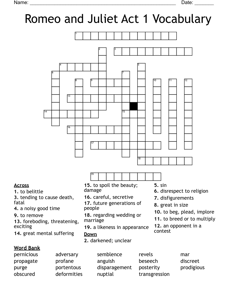 Romeo and Juliet Act 1 Vocabulary Crossword