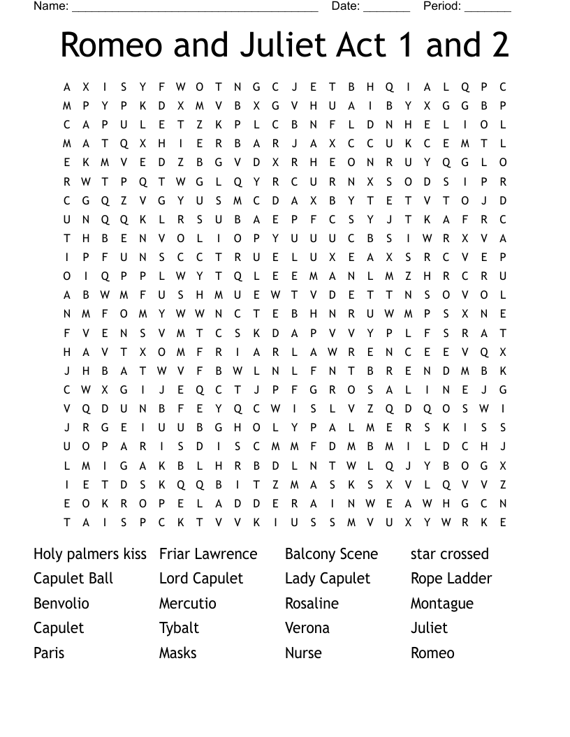 Romeo and Juliet Act 1 and 2 Word Search