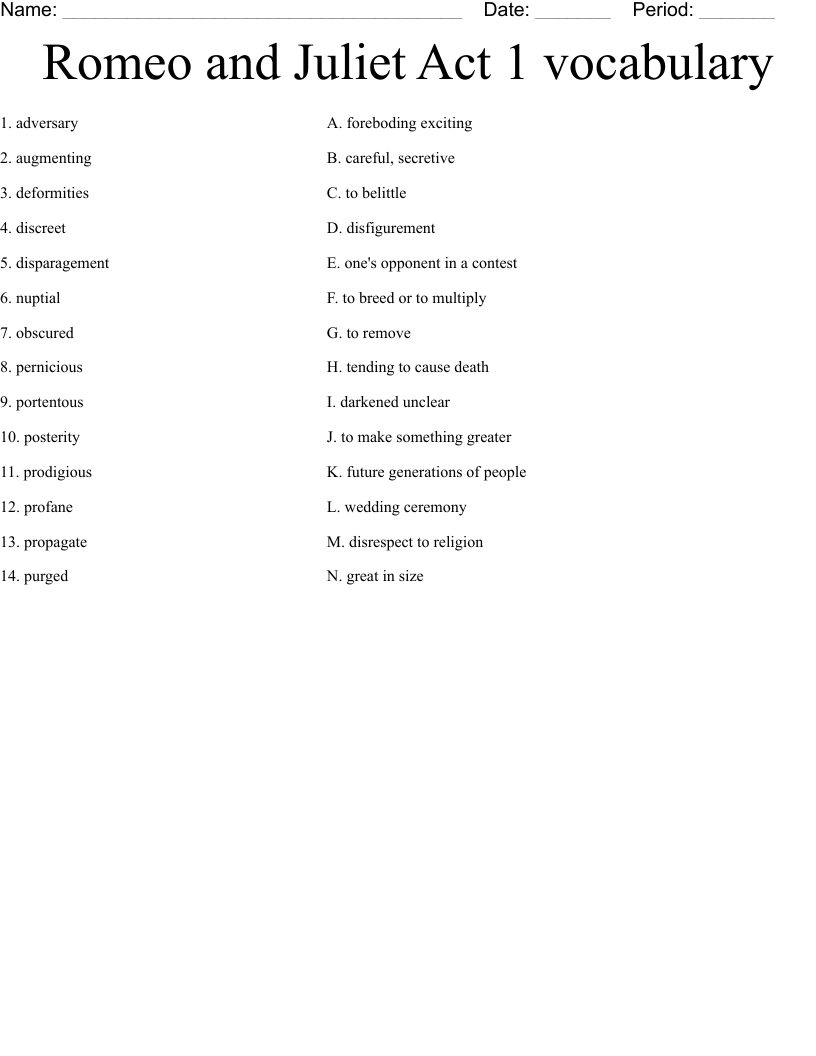 Romeo and Juliet Act 1 vocabulary Worksheet