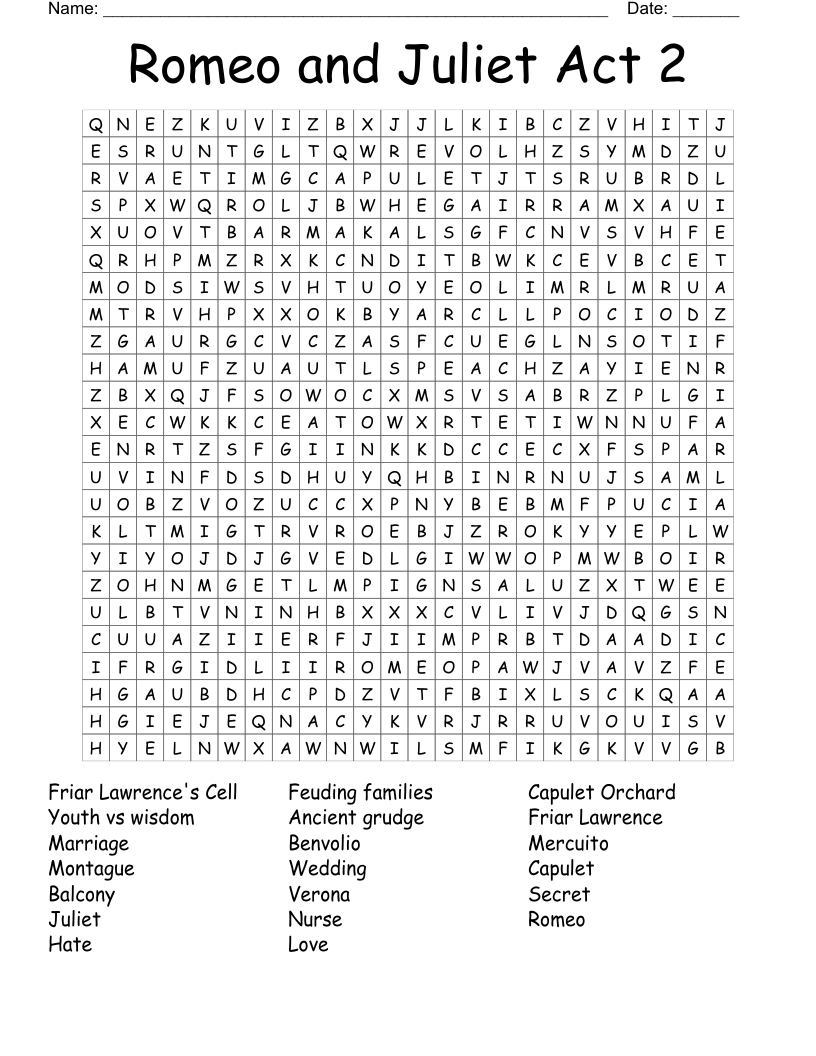Romeo and Juliet Act 2 Word Search