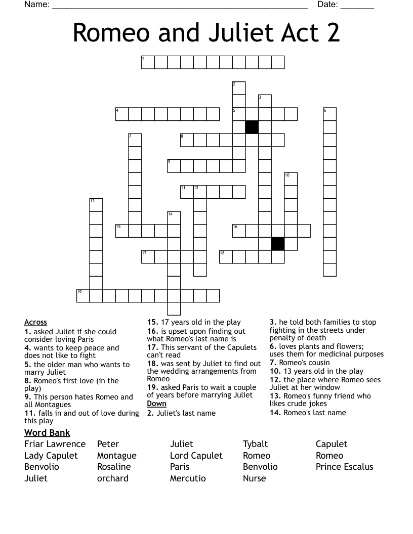 Romeo and Juliet Act 2 Crossword
