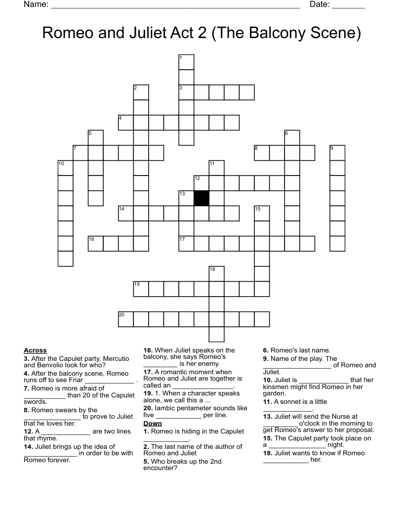Romeo and Juliet Act 2 (The Balcony Scene) Crossword