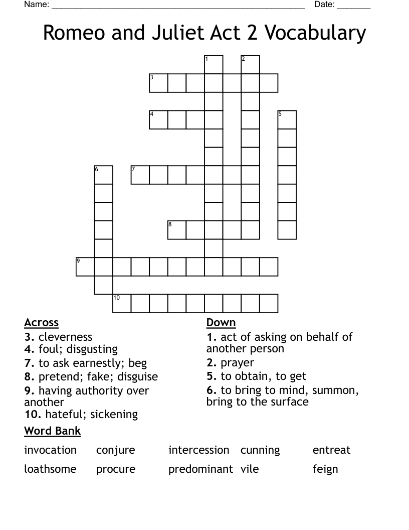 Romeo and Juliet Act 2 Vocabulary Crossword