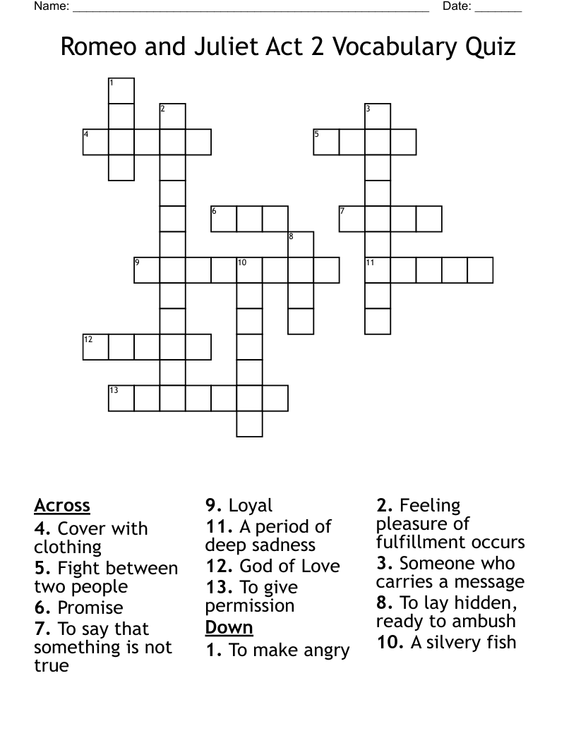 Romeo and Juliet Act 2 Vocabulary Quiz Crossword
