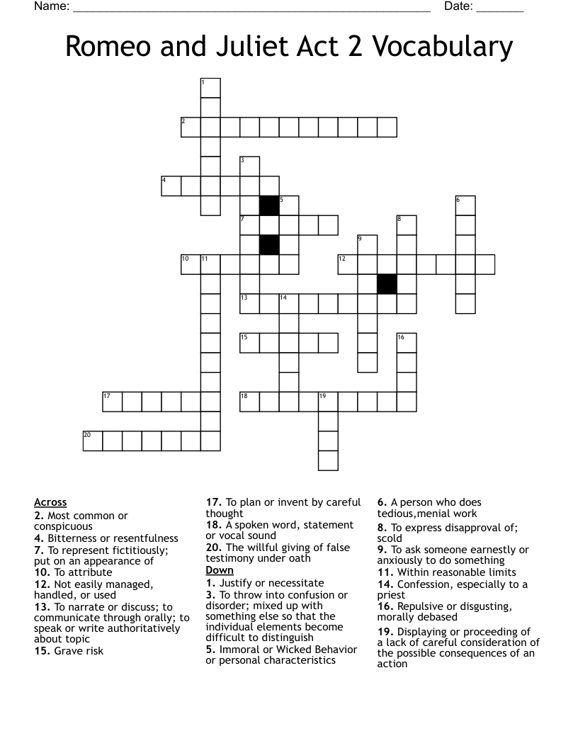 Romeo and Juliet Act 2 Vocabulary  Crossword