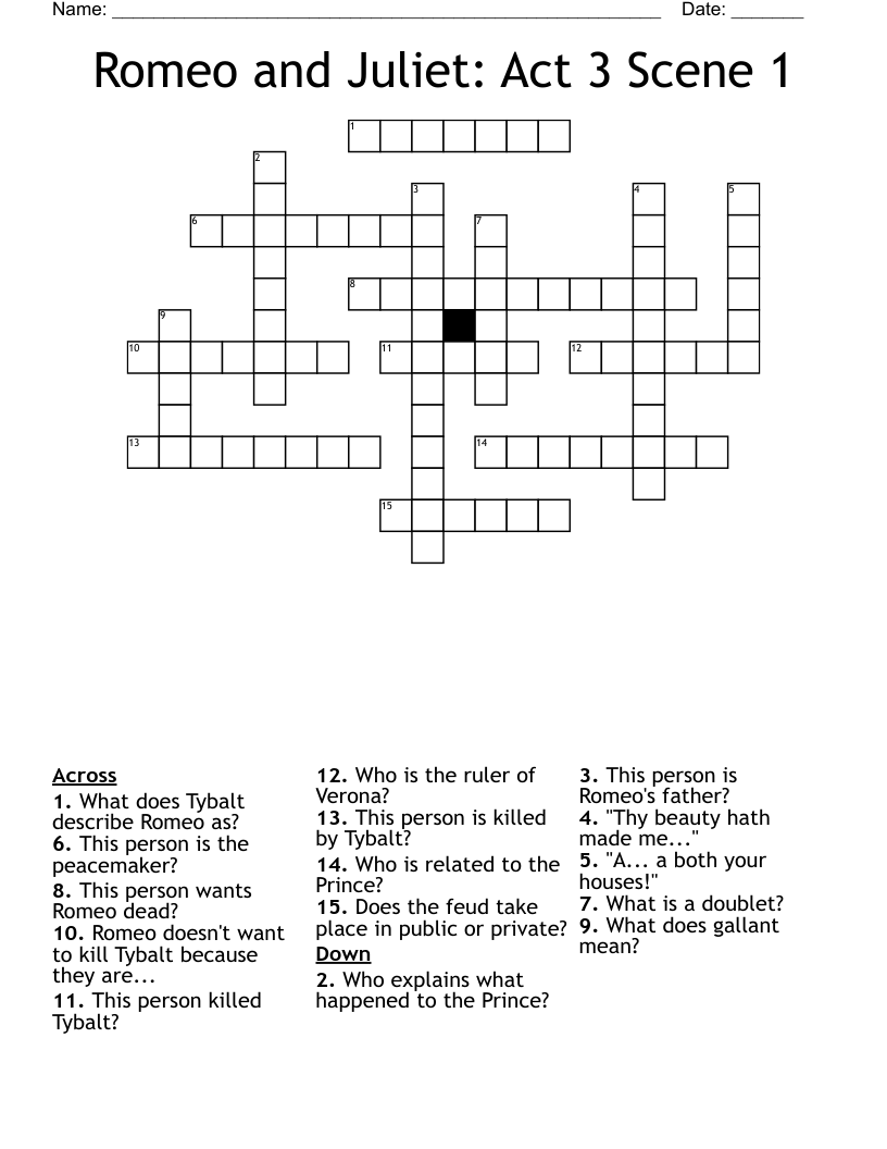 Romeo and Juliet: Act 3 Scene 1 Crossword
