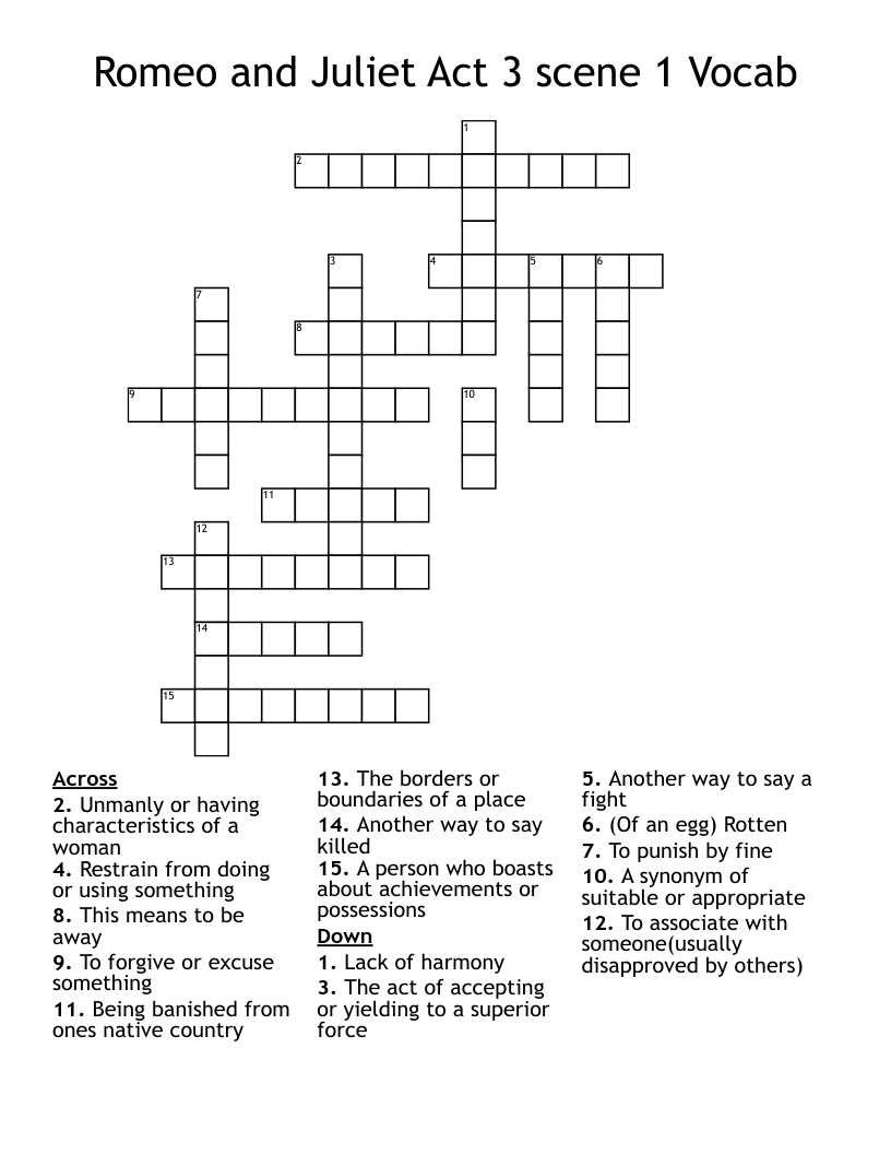 Romeo and Juliet Act 3 scene 1 Vocab Crossword