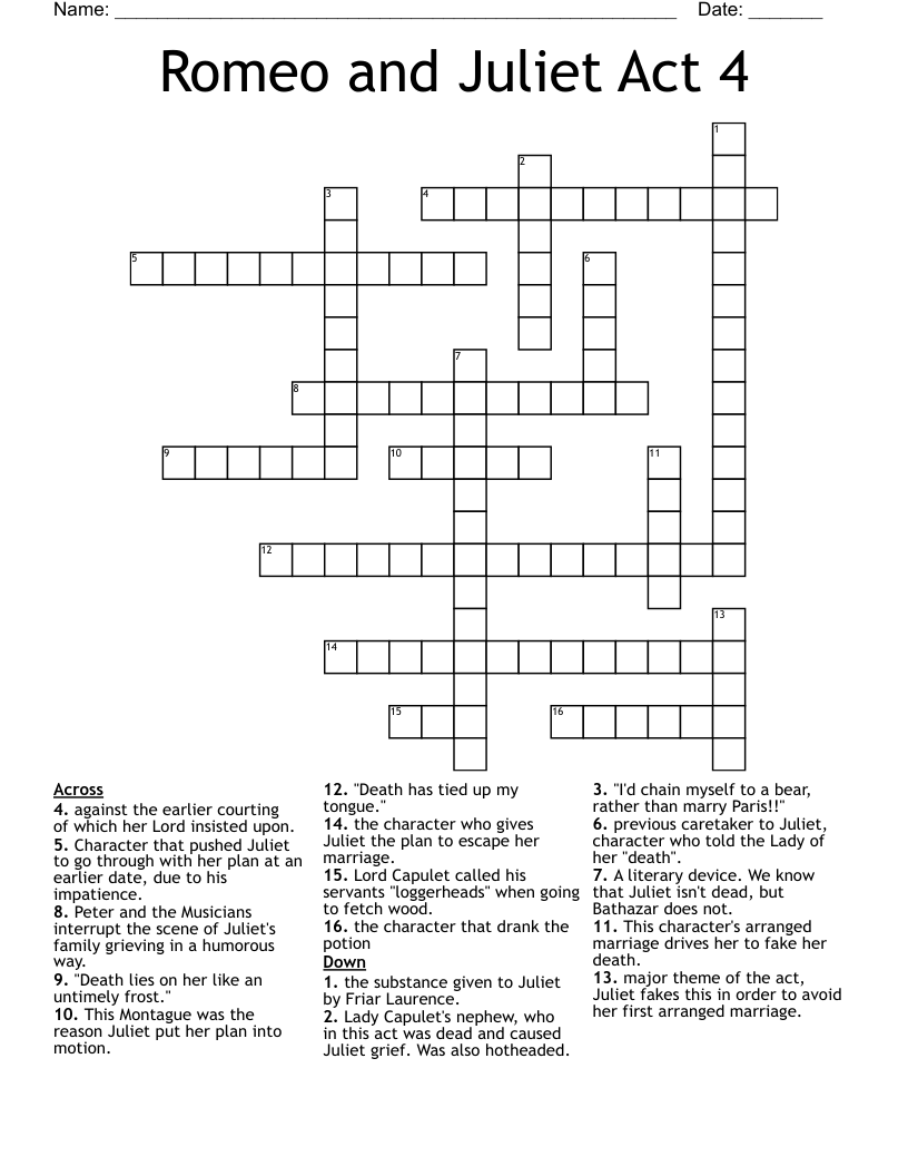 Romeo and Juliet Act 4 Crossword