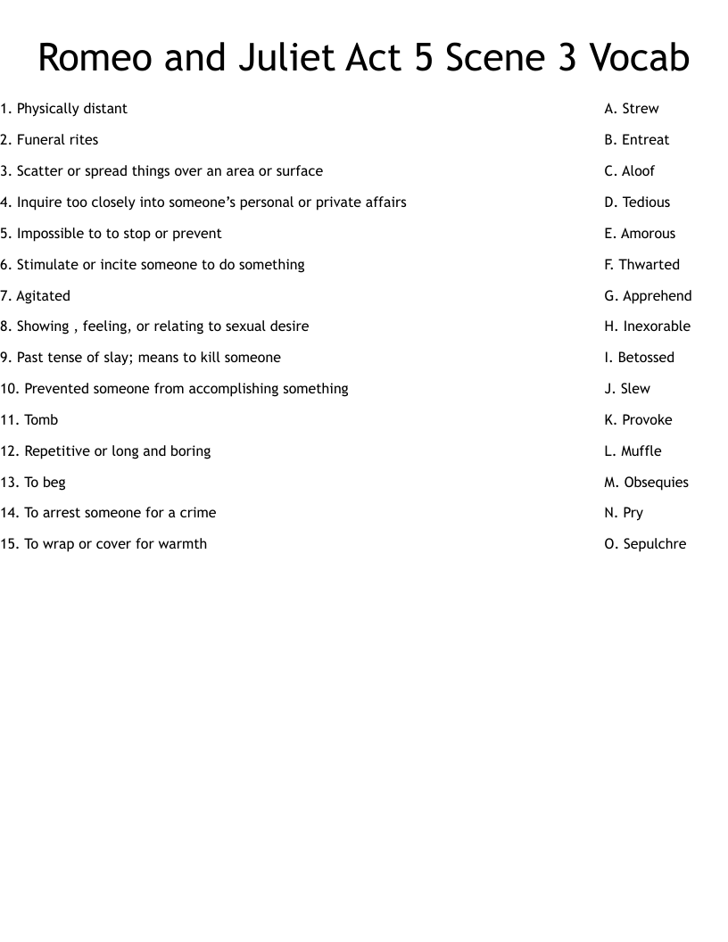 Romeo and Juliet Act 5 Scene 3 Vocab Worksheet