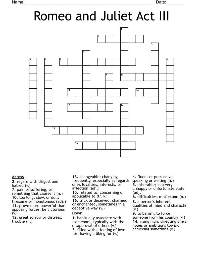 Romeo and Juliet Act III Crossword
