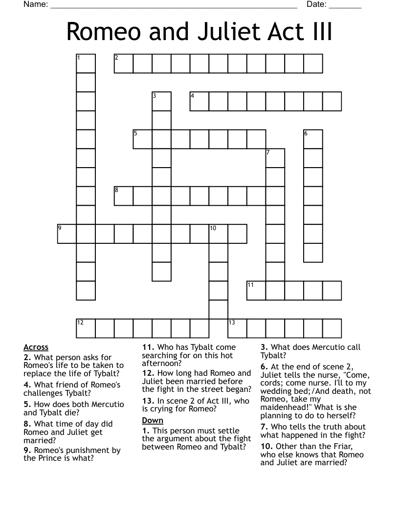 Romeo and Juliet Act III Crossword